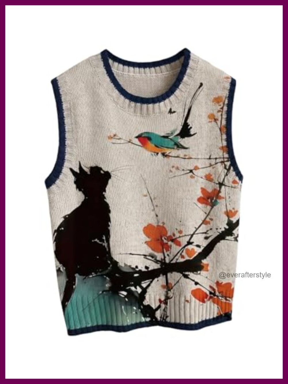Sleeveless Knit Sweater Vest Cat Print Crew Neck Pullover